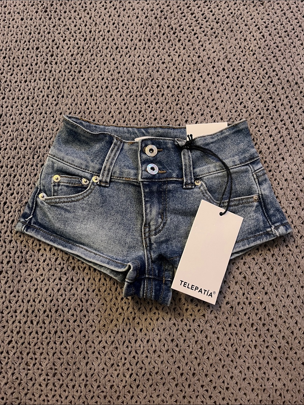 NWT • Telepitía • Blue Denim Low Rise Shortie Shorts